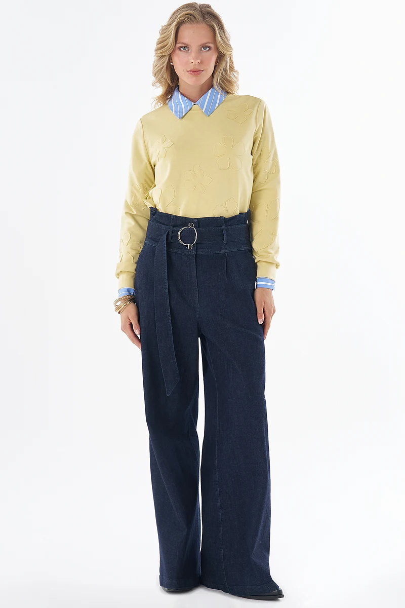 High-Waisted Denim Trousers Navy Blue