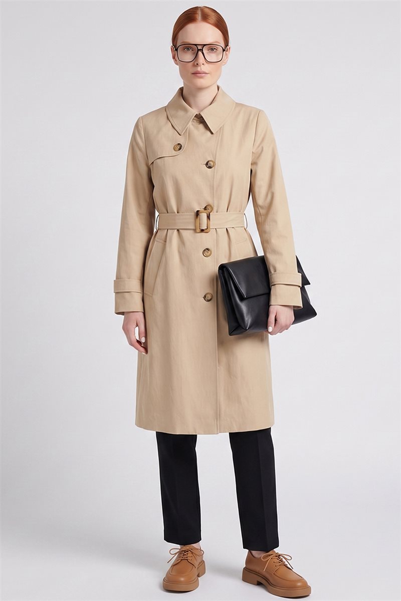 Convertible Collar Double-Breasted Trench Coat Light Beige