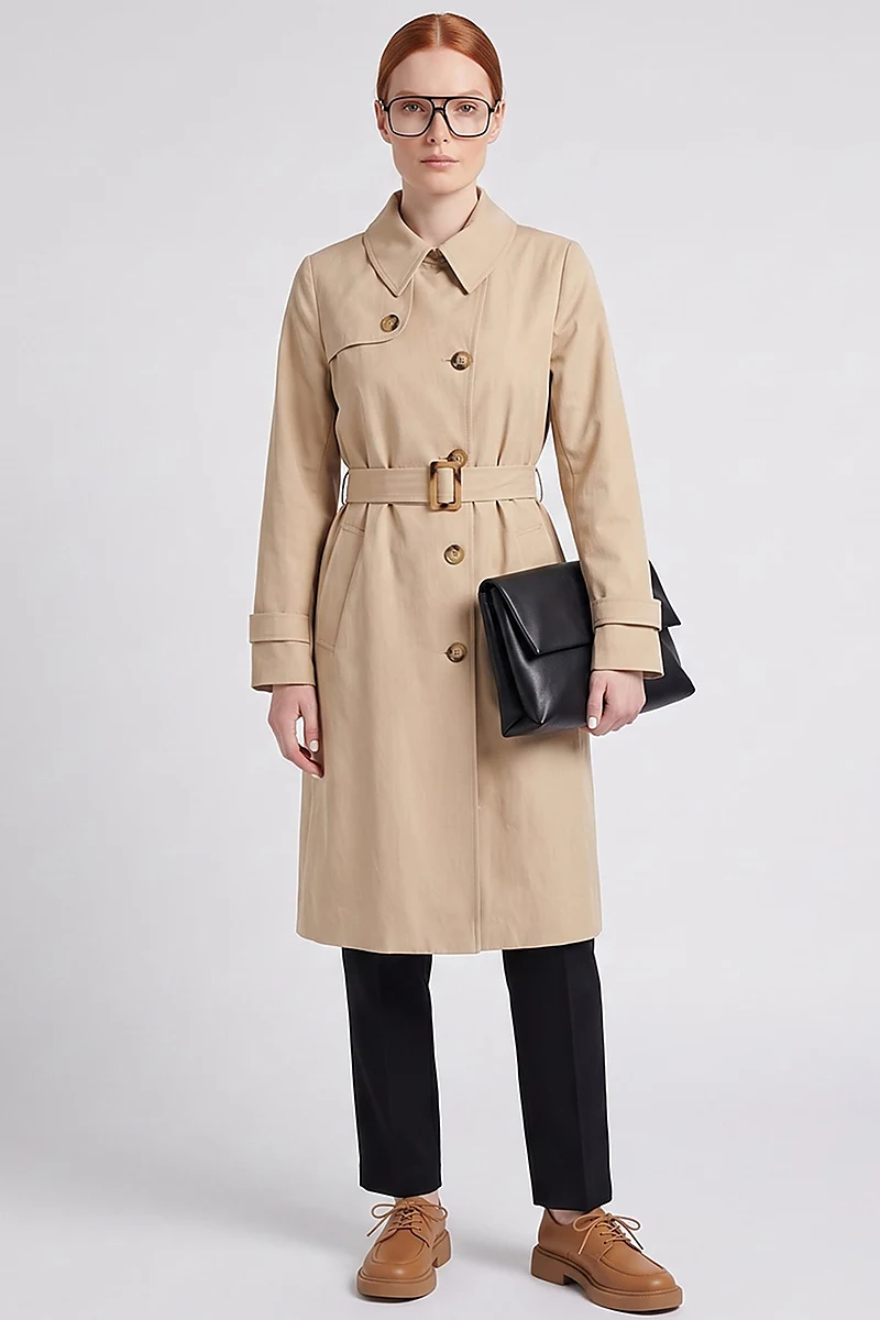Convertible Collar Double-Breasted Trench Coat Beige