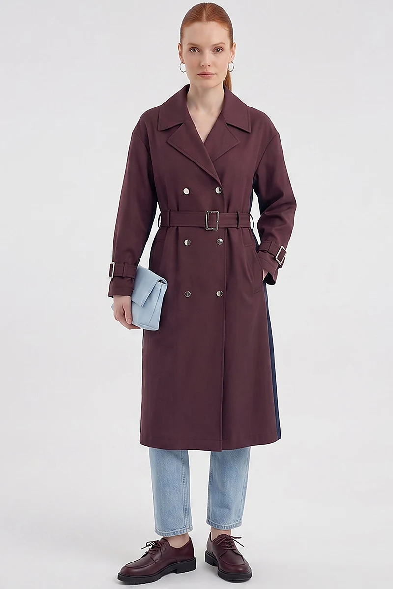 Contrast-Color Trench Coat Dark Burgundy–Dark Navy