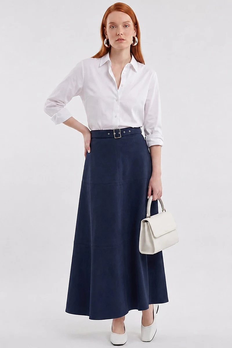 Panel-Seamed Suede Skirt Navy