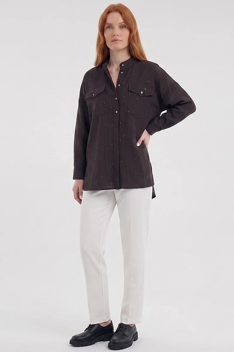 Double-Pocket Mandarin Collar Blouse Brown