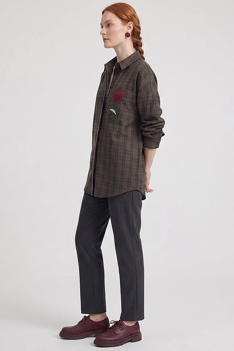 Plaid Pattern Embroidered Appliqué Tunic Khaki