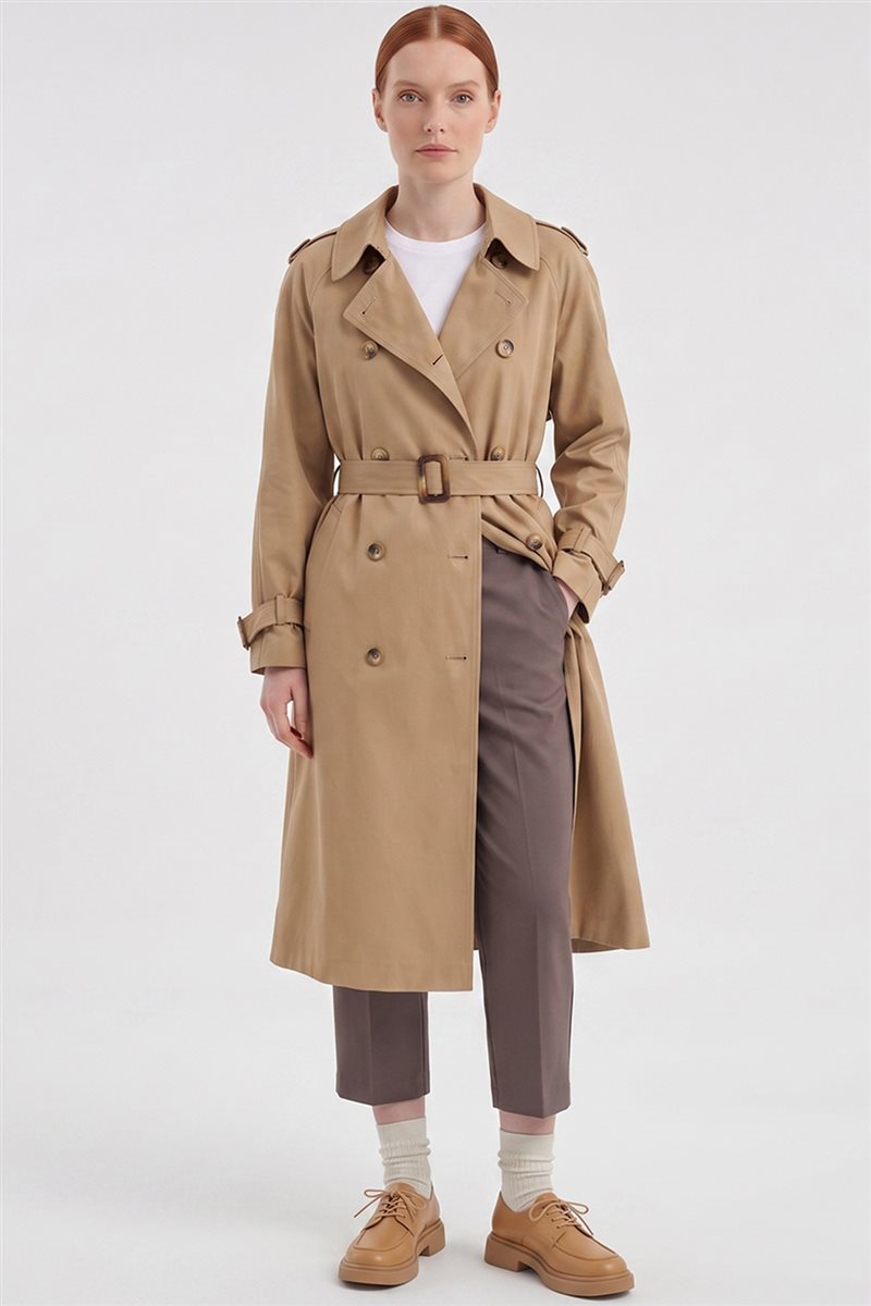 Buttoned Double-Breasted Trench Coat Beige