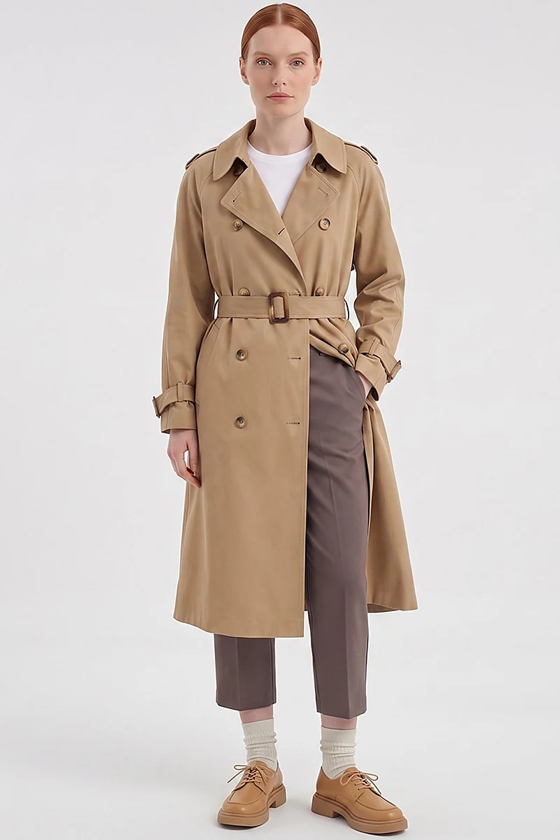 Buttoned Double-Breasted Trench Coat Beige