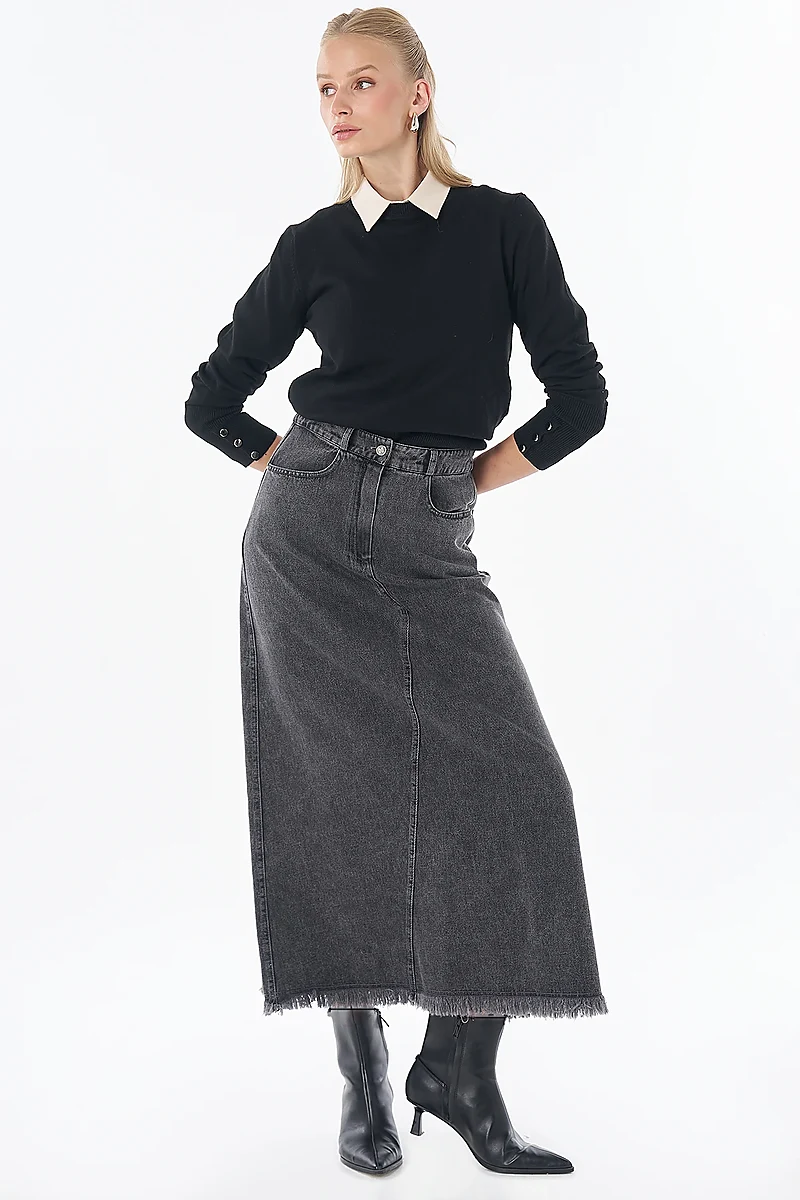 Stitch Detail Denim Skirt Anthracite