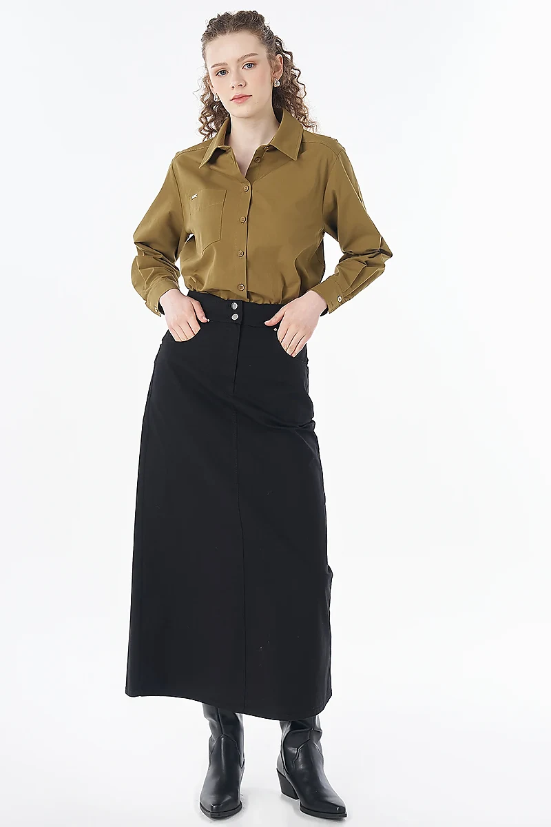 Button-Detail Non-Denim Skirt Black