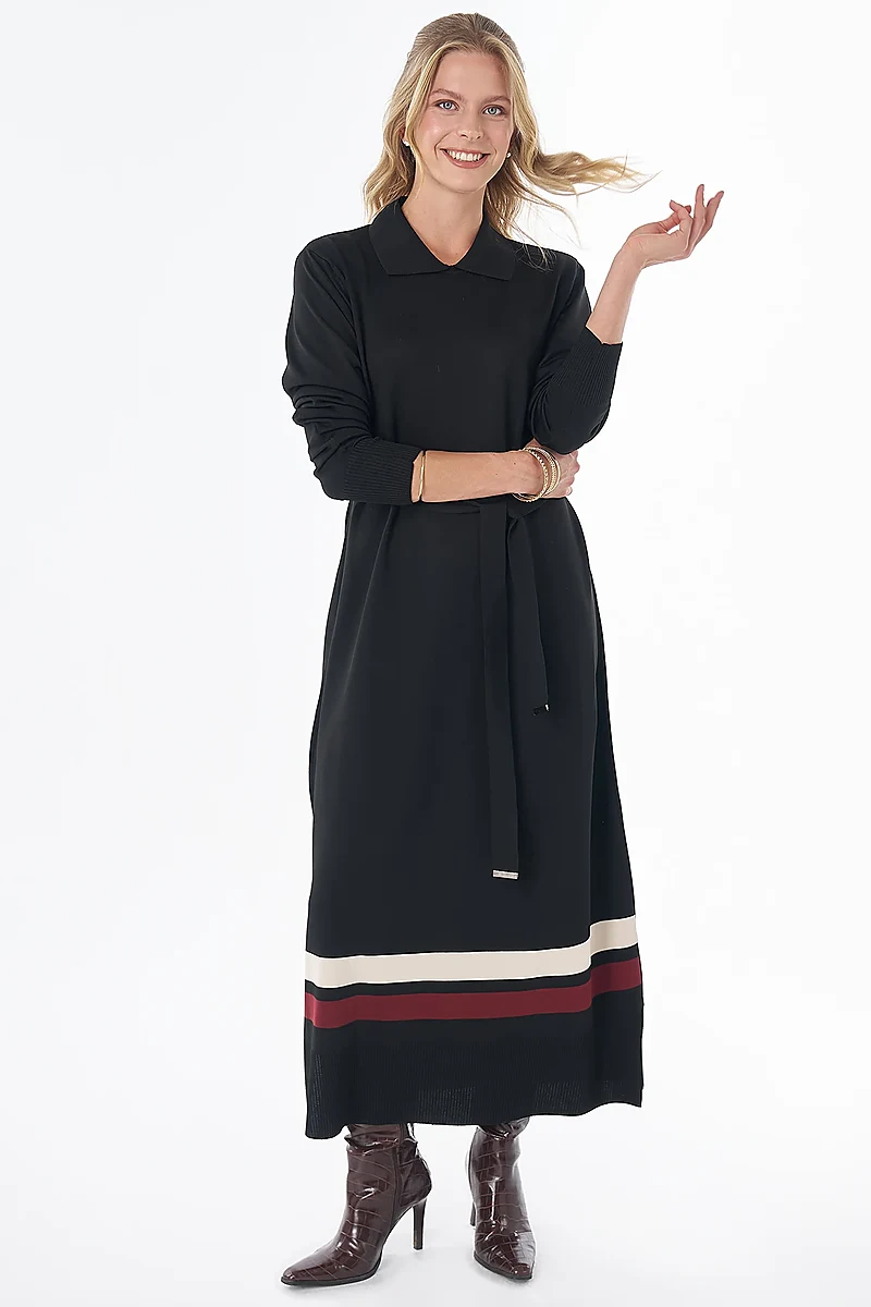 Contrast-Color Knit Dress - Black