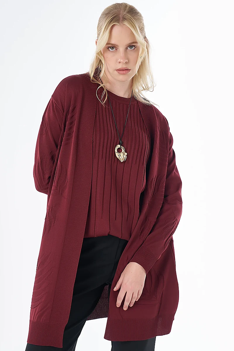 Leaf Pattern Knit Cardigan Burgundy