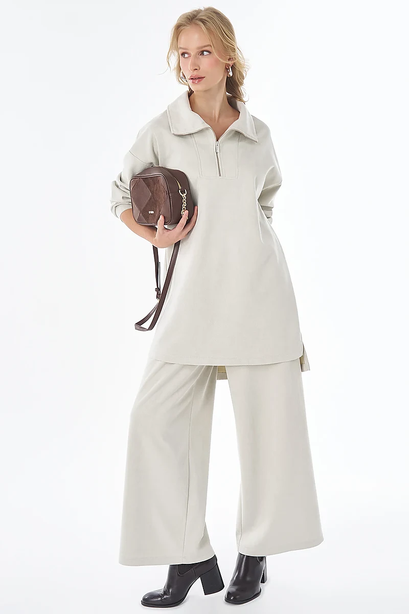 Wide-Collar Suede Two-Piece Set Gray