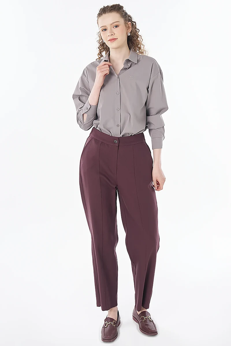 Stitch-Detail High-Waisted Pants Burgundy