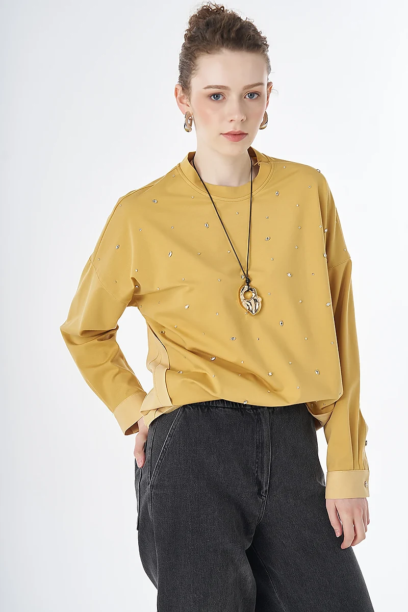 Hotfix-Embellished Rayon Sweatshirt Yellow