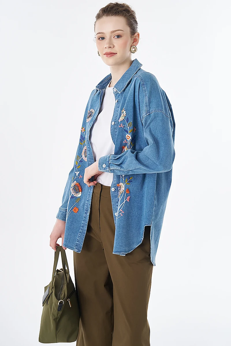 Washed Embroidered Denim Tunic Blue