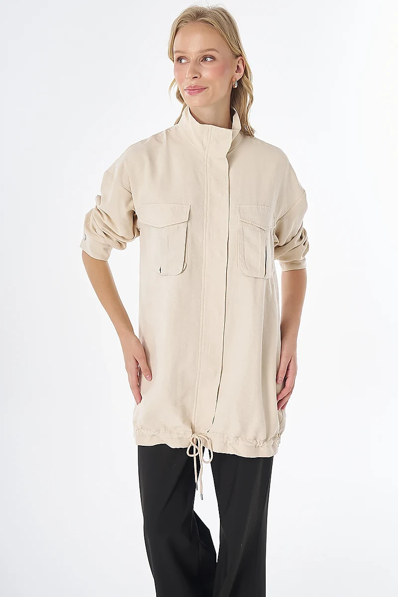 Double Pocket Stand Collar Jacket in Cream