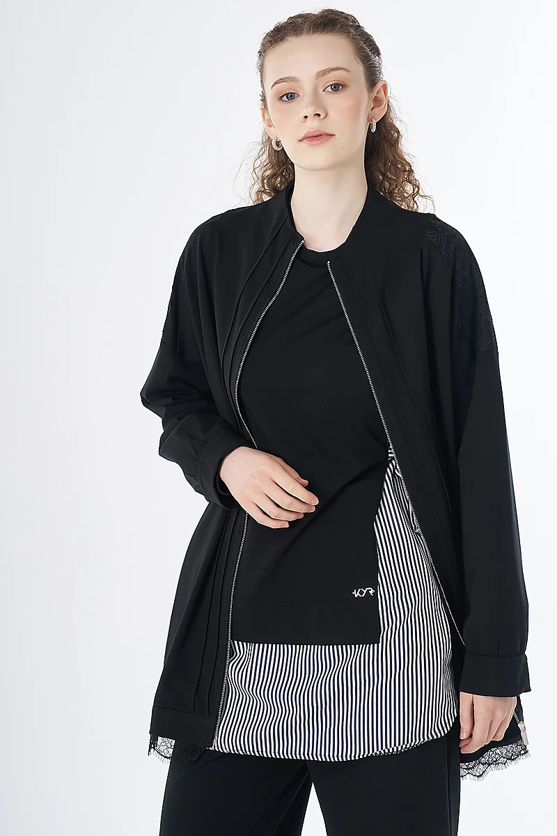 Lace-Trimmed Rayon Jacket Black