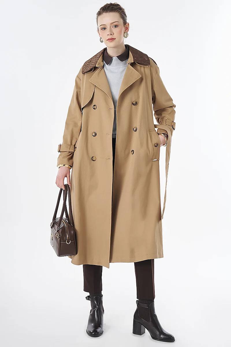 Leather-Collar Trench Coat Beige