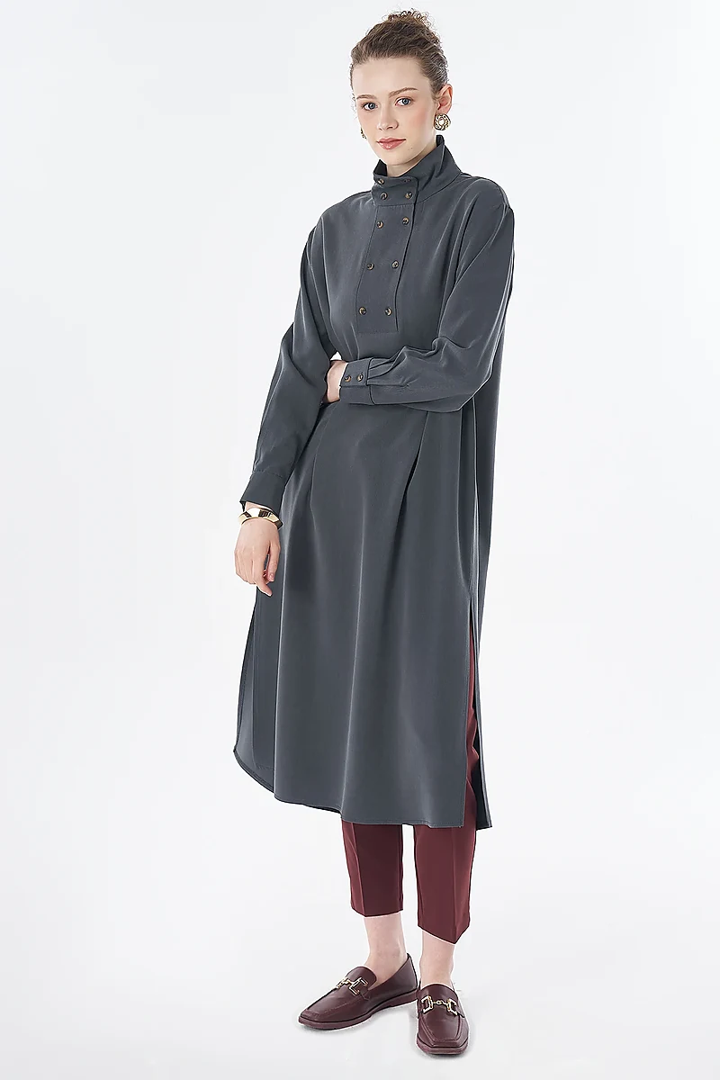 Stand Collar Viscose Lyocell Tunic Charcoal