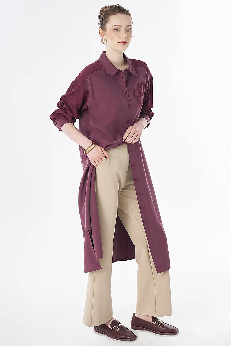 Fabric-Trimmed Rayon Tunic Burgundy