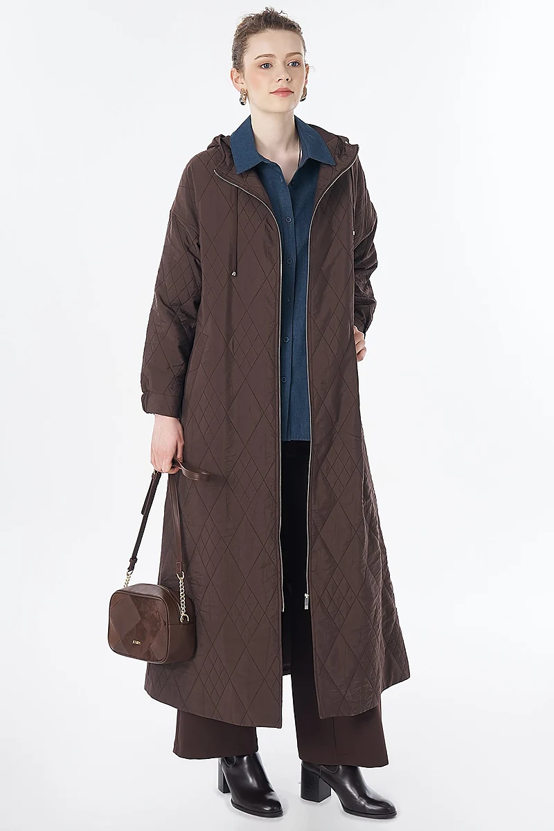 Hooded Quilted Throw-On Brown