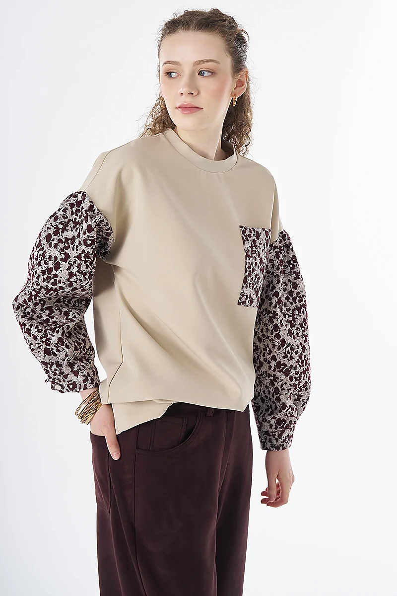 Kumaş Garnili Sweatshirt Taş
