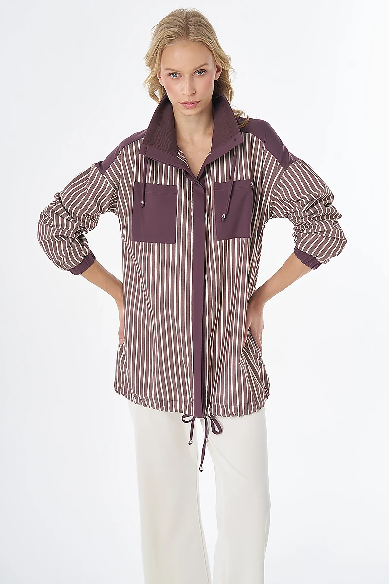 High-Neck Striped Cotton Tunic Burgundy