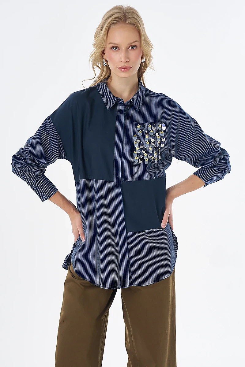 100% Lyocell Sequin Embroidered Tunic Navy