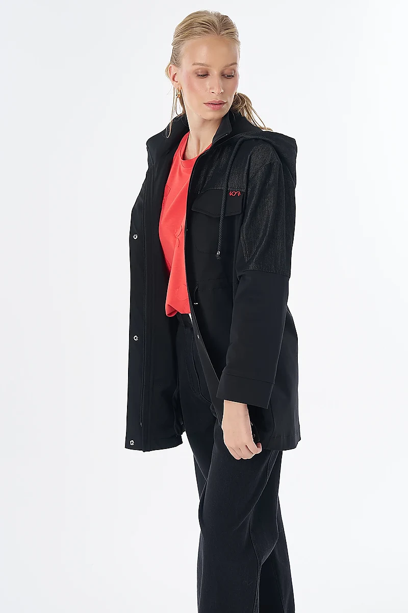 Fabric-Trimmed Short Trench Coat Black