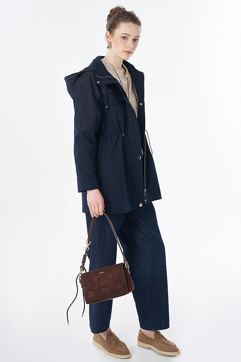 Fabric-Trimmed Short Trench Coat Navy