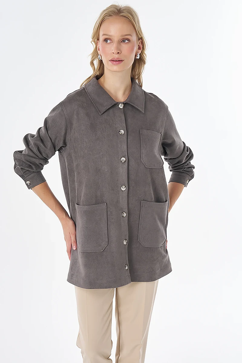 Suede Tunic with Patch Pockets Charcoal