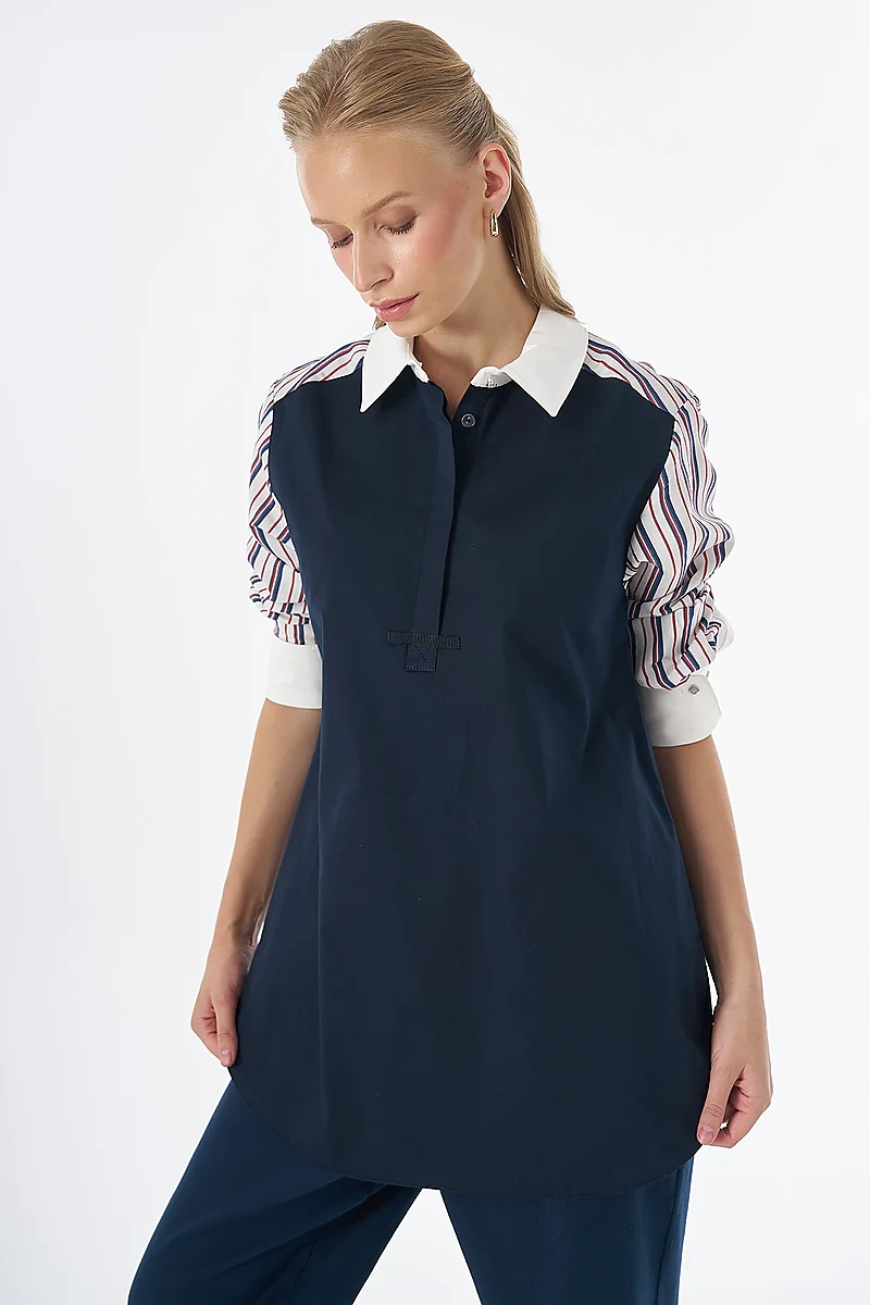 Striped Shirt-Collar Tunic Navy