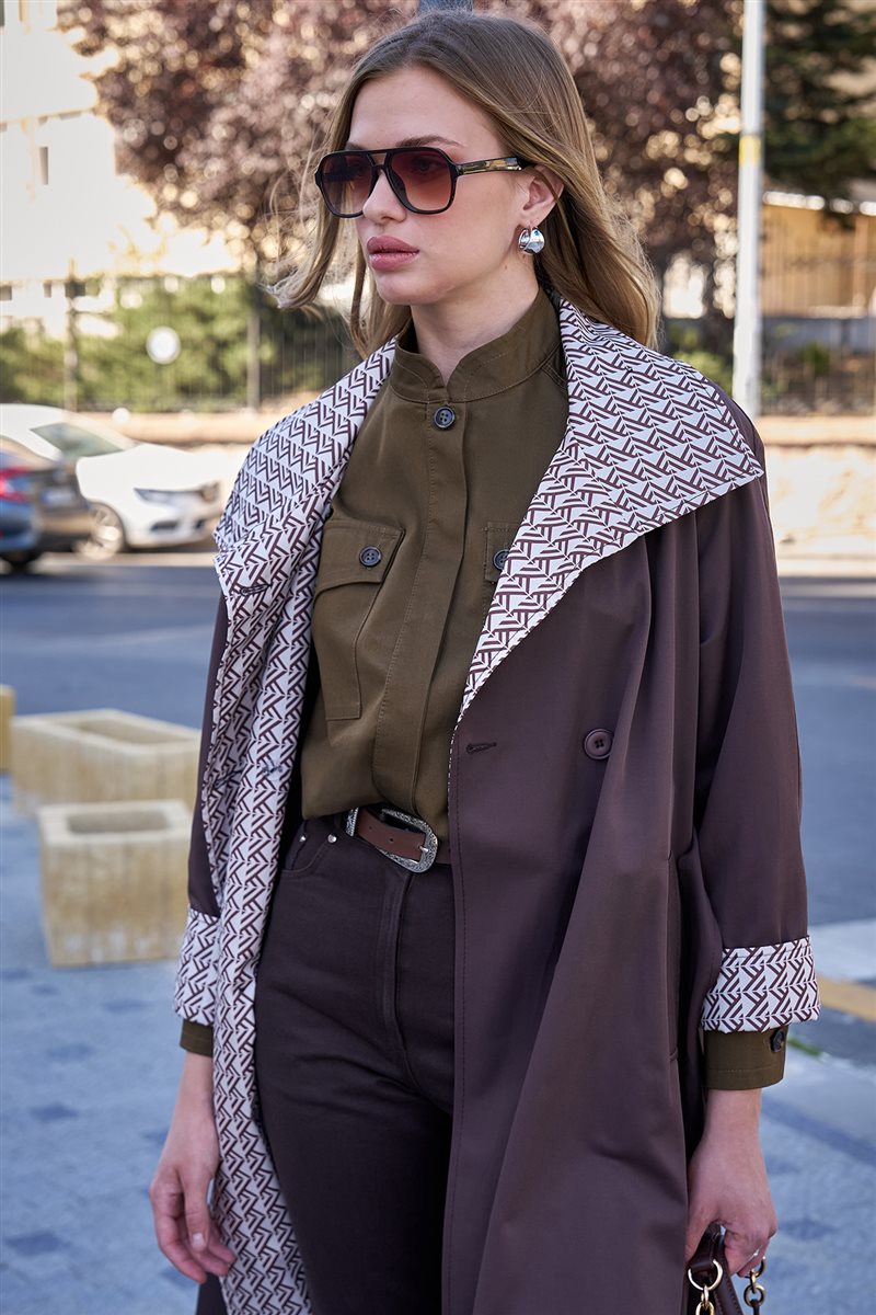 Band Collar Cotton Blouse Khaki