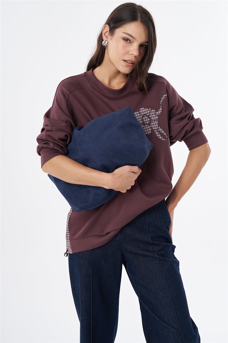 Ekose Çiçek Aplikeli Sweatshirt Bordo