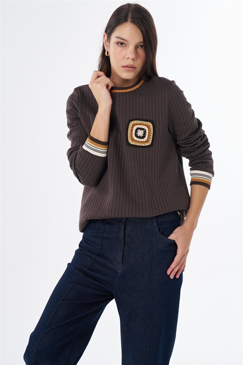 Motif Detaylı Sweatshirt Kahve