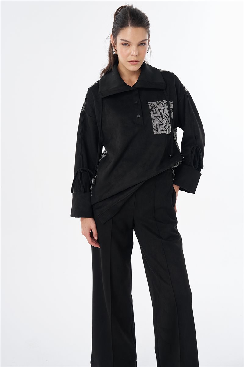 Garnili Süet Sweatshirt Siyah