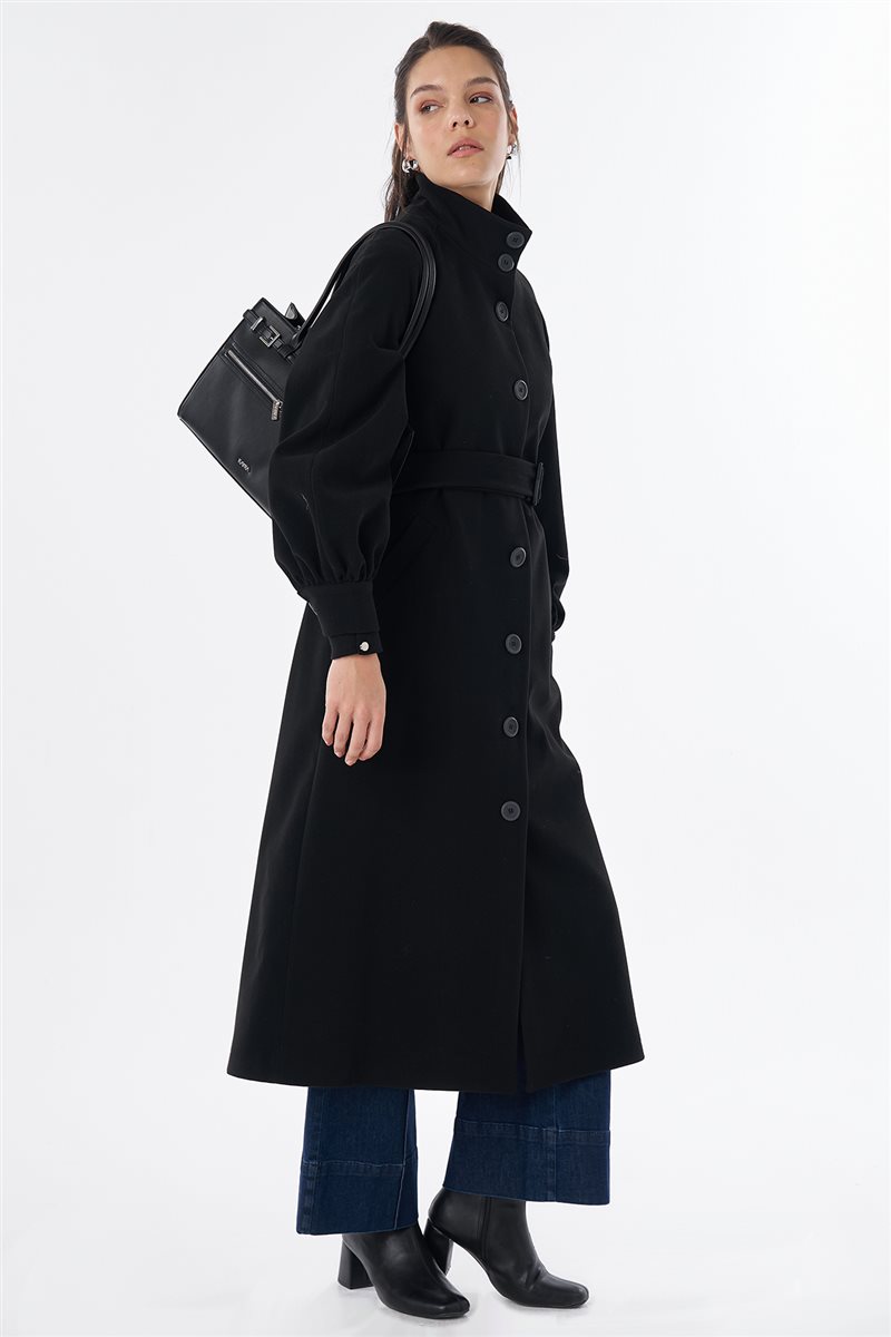 Belt Detail Wool-Blend Coat Black