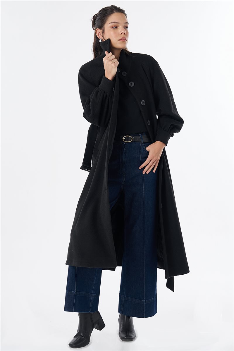 Stand Collar Belted Wool-Blend Coat Black
