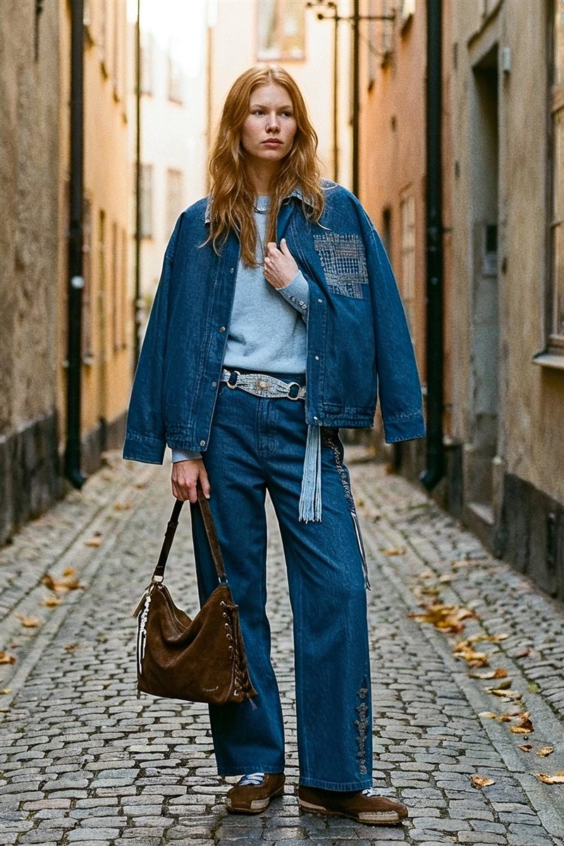 Embroidered Denim Trousers Navy