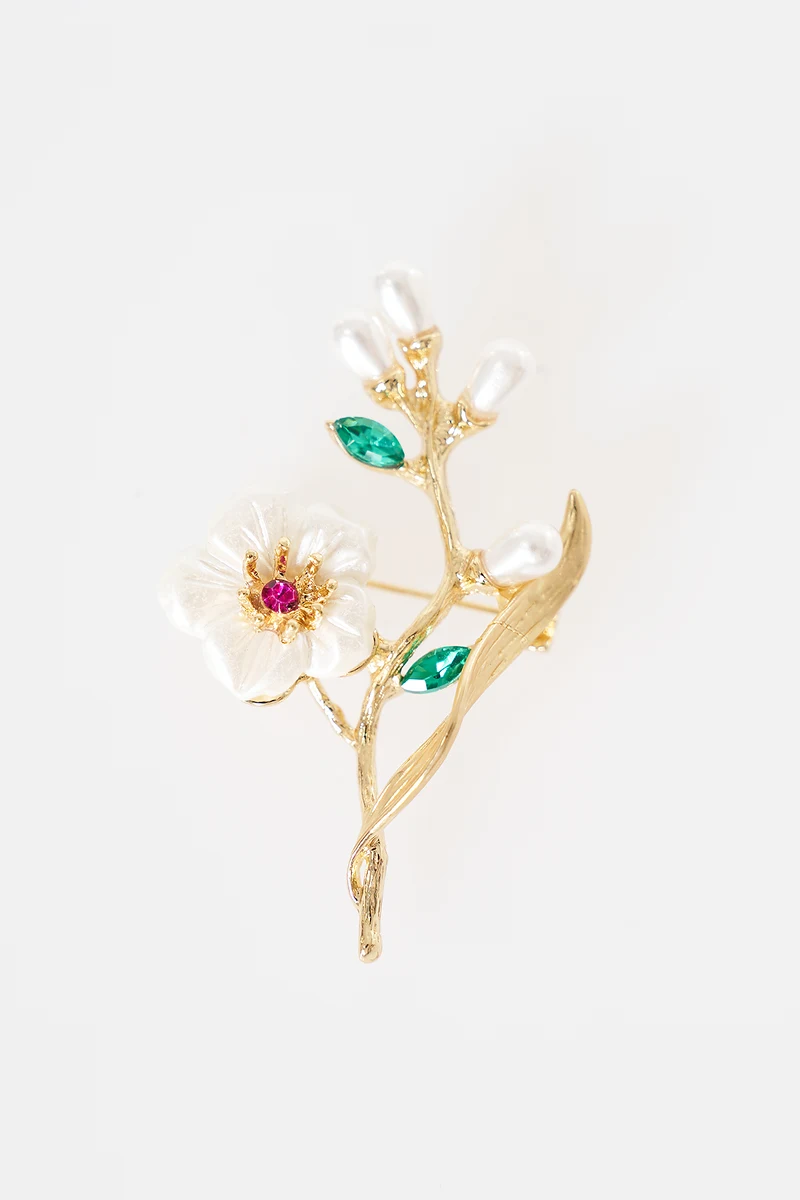 Mother-of-Pearl Flower and Pearl Brooch Gold