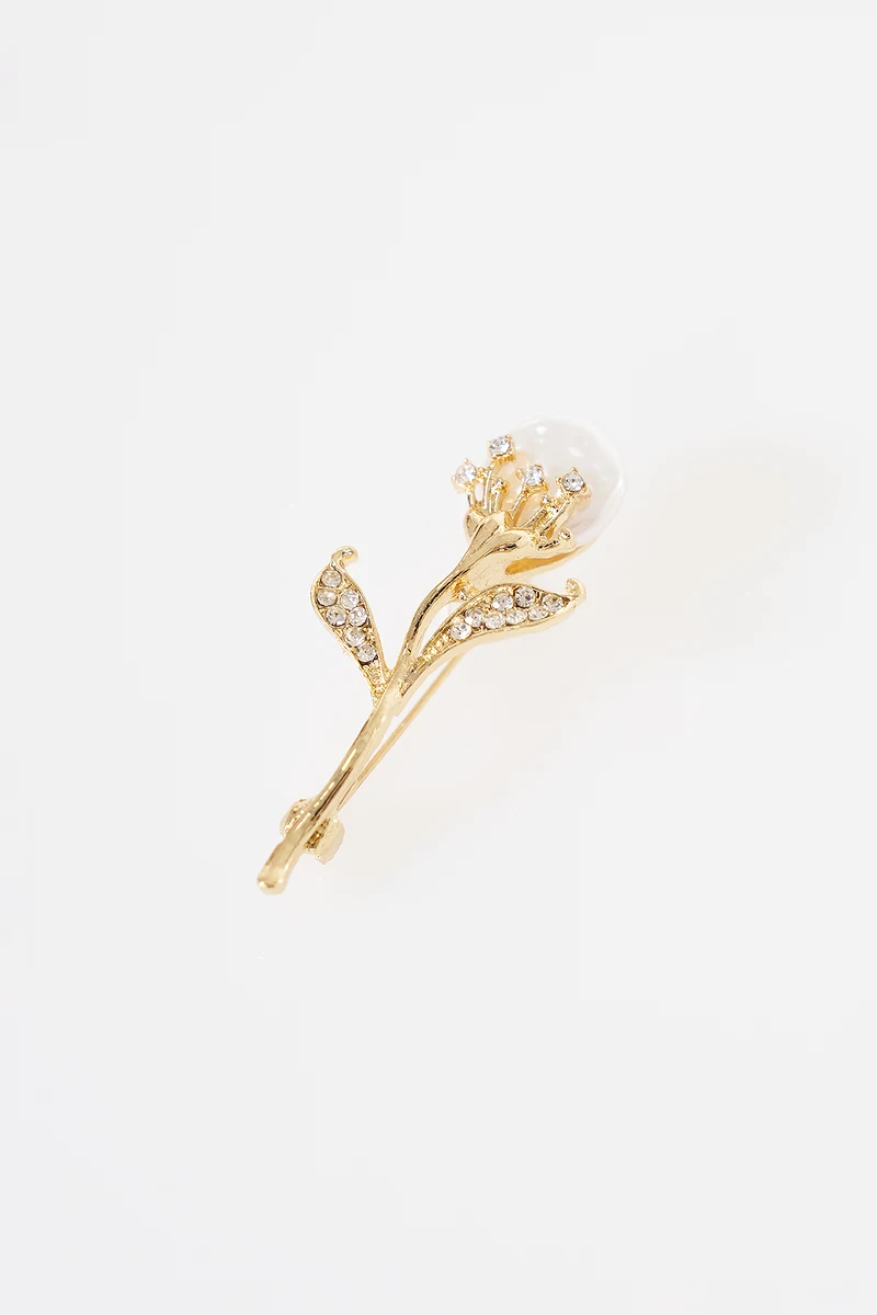 Pearl Detail Tulip Brooch Gold