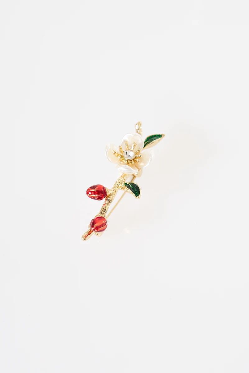 Enamel Cherry Branch Brooch Gold