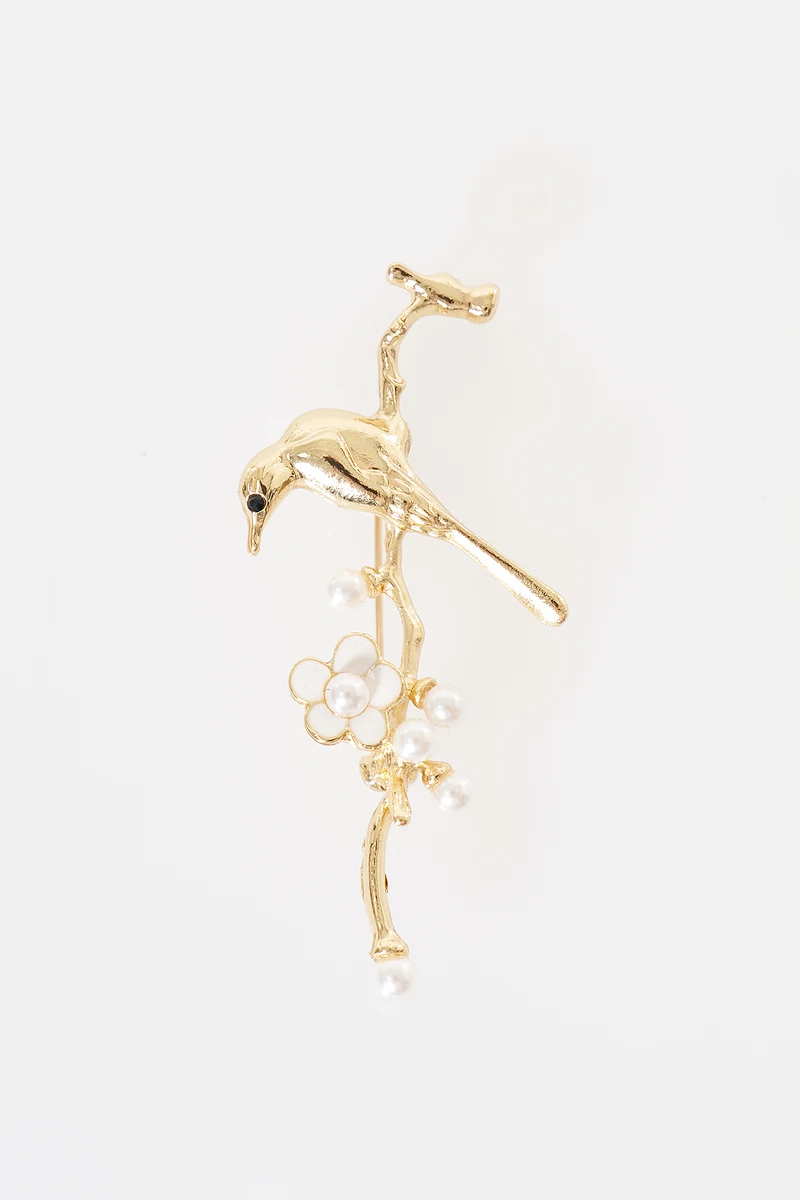 Pearl Bird Motif Brooch Gold