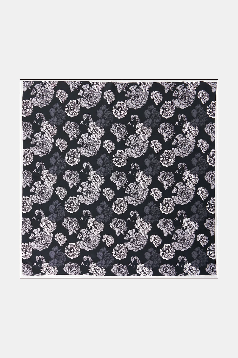 Çiçek Desen İpek Twill Eşarp Siyah