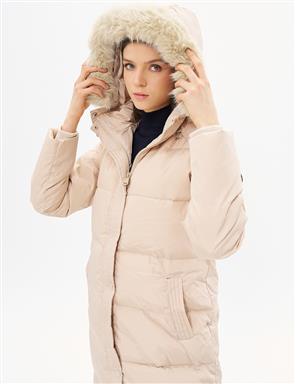 Quilted Stand Collar Hooded Fur Coat Mold Green