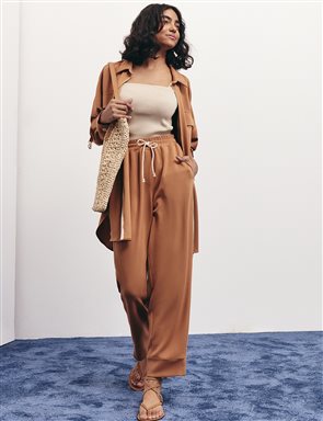 Drawstring Detail Pleated Two-Piece Set in Dark Brown