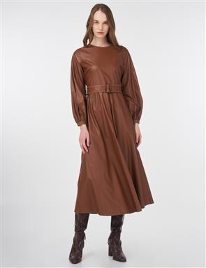 Belted Faux Leather Dress in Camel