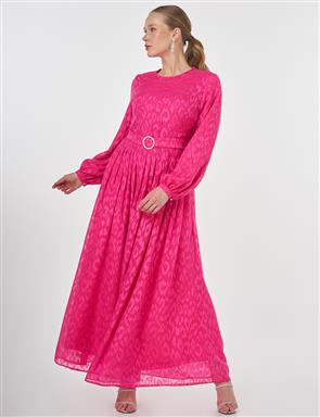 Balloon Sleeve Jacquard Elegant Dress Powder Pink