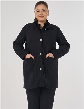 Stand Collar Short Wool Coat in Black