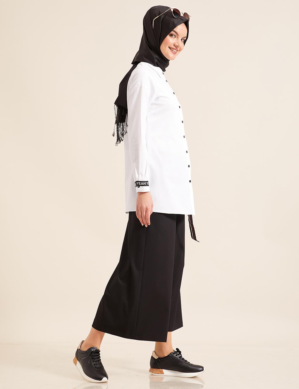 Yazılı Şerit Detaylı Gömlek Beyaz B8 11009