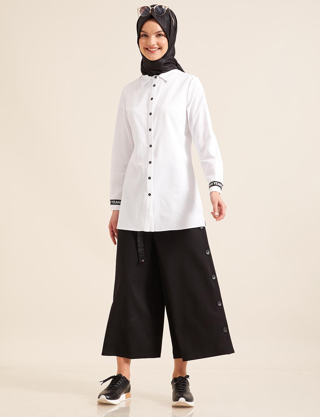 Yazılı Şerit Detaylı Gömlek Beyaz B8 11009