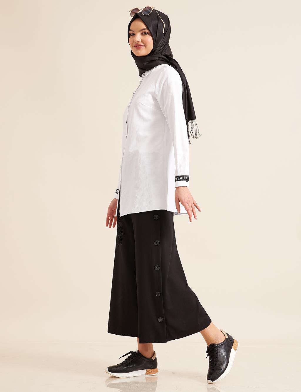 Yazılı Şerit Detaylı Gömlek Beyaz B8 11009